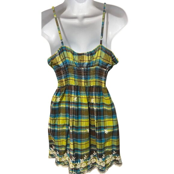 She's Cool Sundress L Short Babydoll Mini Plaid Embroidered Y2K Fairy Boho Fest - Picture 9 of 11